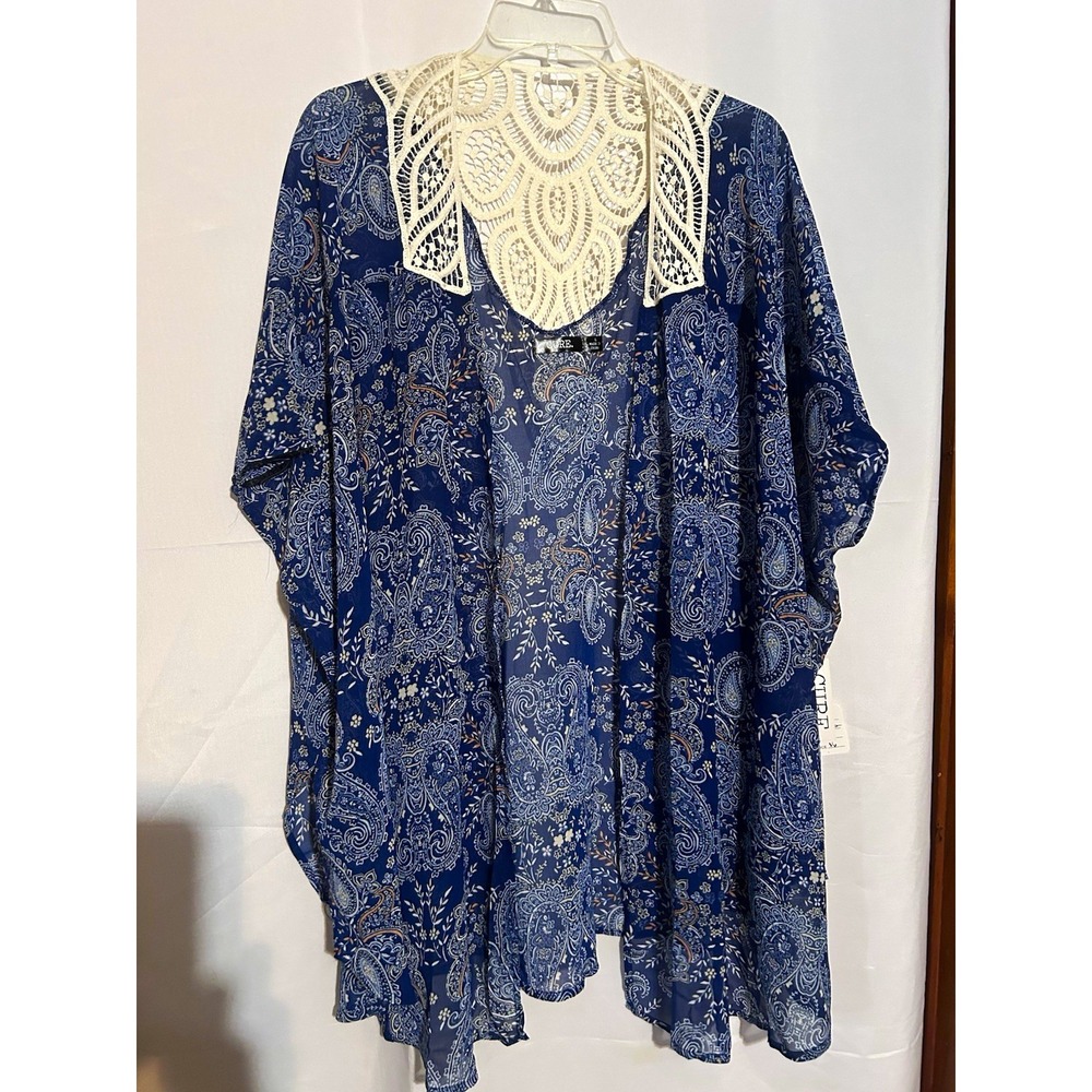 CURE. Blue Paisley Sheer Lace Accent Open Front Kimono Women's L